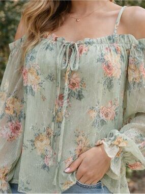 NWT Lumiere Sage Green Floral Off-Shoulder Blouse